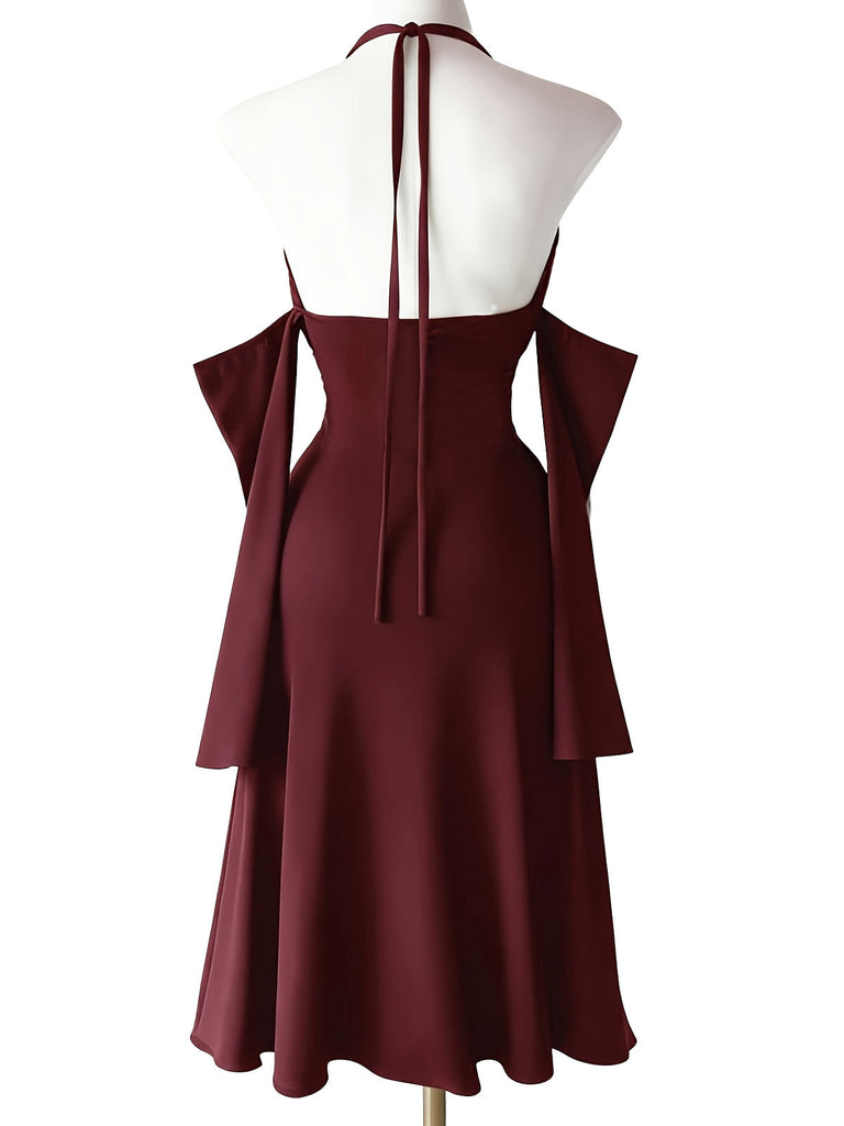 Abito Lungo Bordeaux Anni '60 Gotico con Scollo all'Americana Draped Sleeves High con Spacco 3