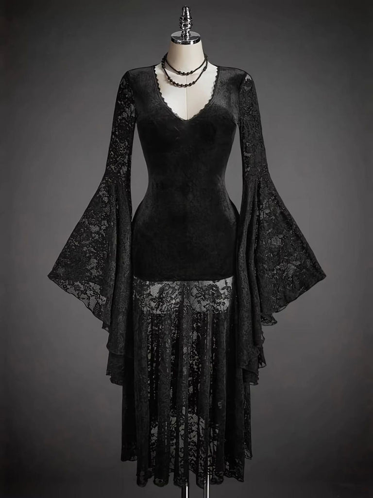 Abito Nero Anni '80 in Pizzo Scollo a V in Velluto Flare Sleeve 3