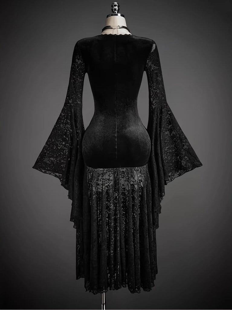 Abito Nero Anni '80 in Pizzo Scollo a V in Velluto Flare Sleeve 4