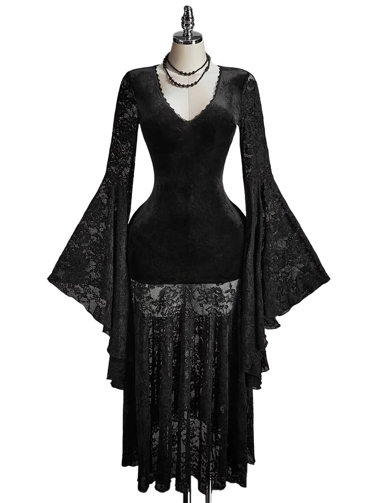Abito Nero Anni '80 in Pizzo Scollo a V in Velluto Flare Sleeve