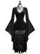 Abito Nero Anni '80 in Pizzo Scollo a V in Velluto Flare Sleeve