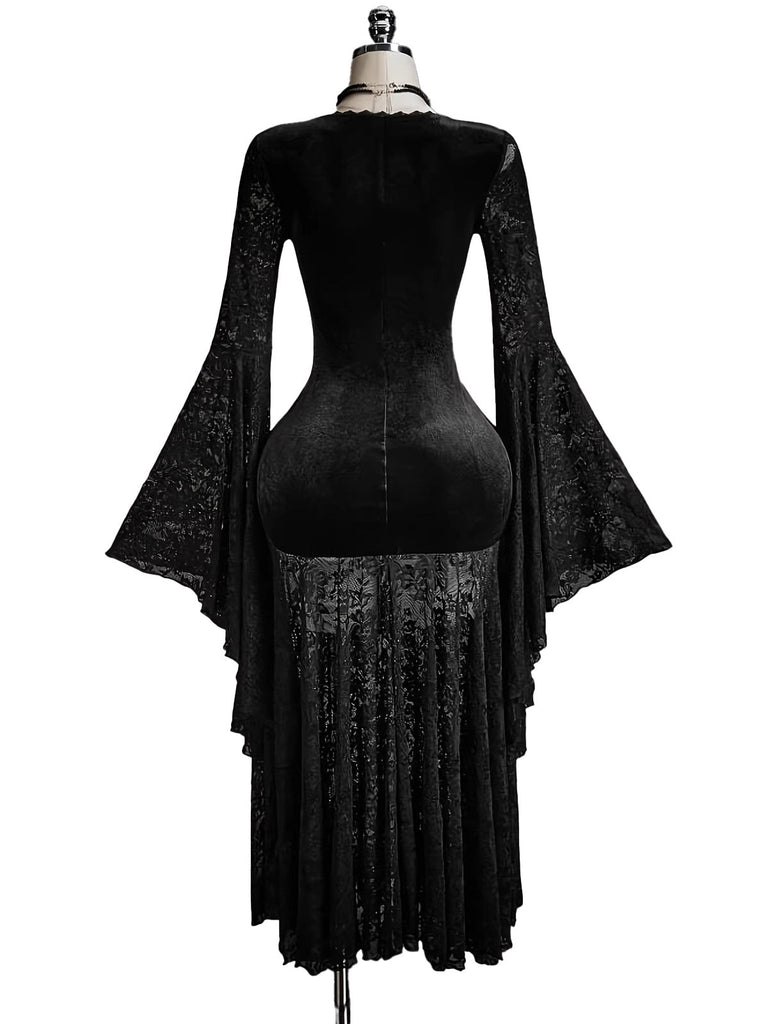 Abito Nero Anni '80 in Pizzo Scollo a V in Velluto Flare Sleeve 2