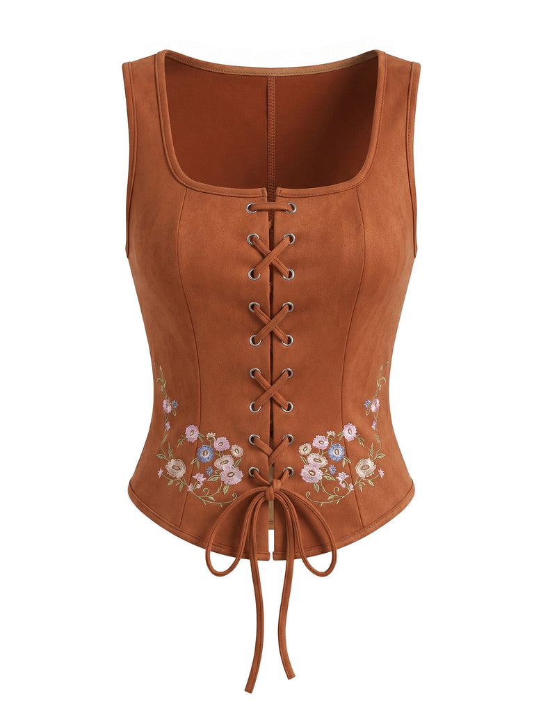 Tops Marrone Anni '70 Boho Floreale Embroidery con Allacciatura Corsetto Vest