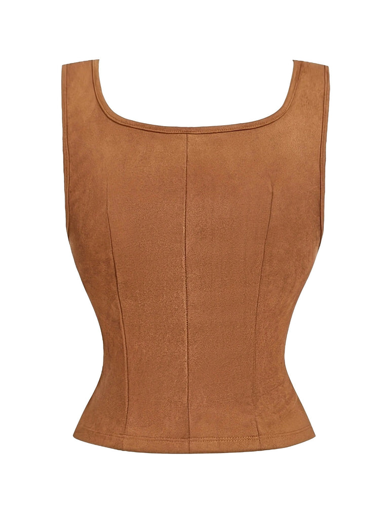 Tops Marrone Anni '70 Boho Floreale Embroidery con Allacciatura Corsetto Vest 2