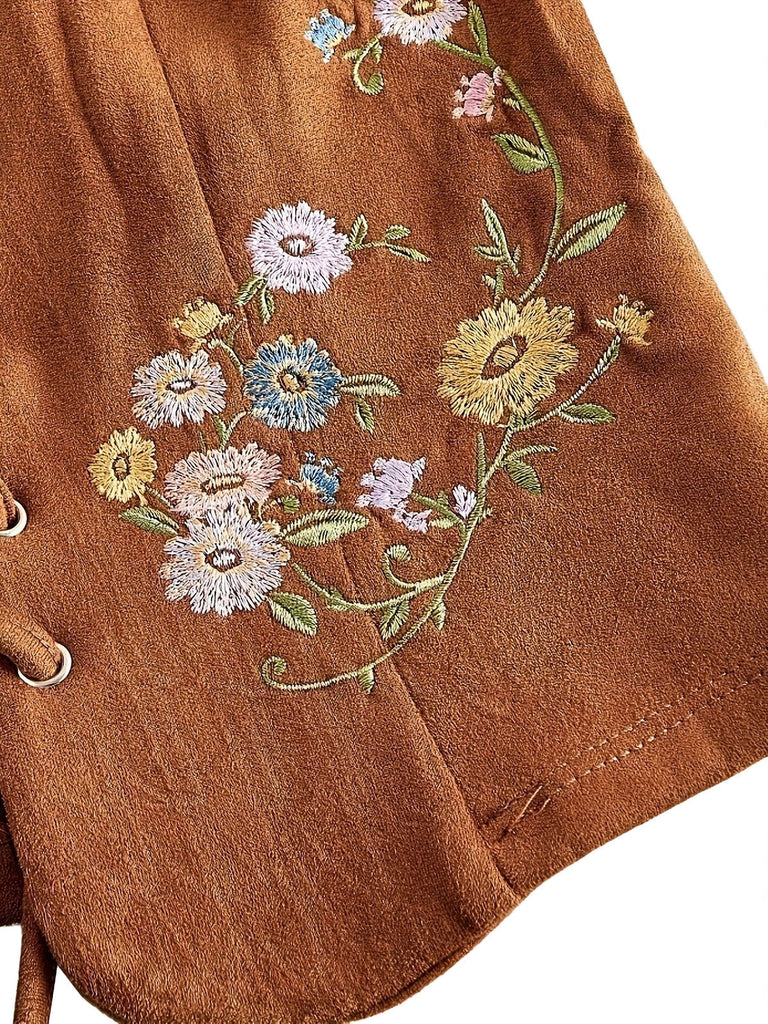 Tops Marrone Anni '70 Boho Floreale Embroidery con Allacciatura Corsetto Vest 3