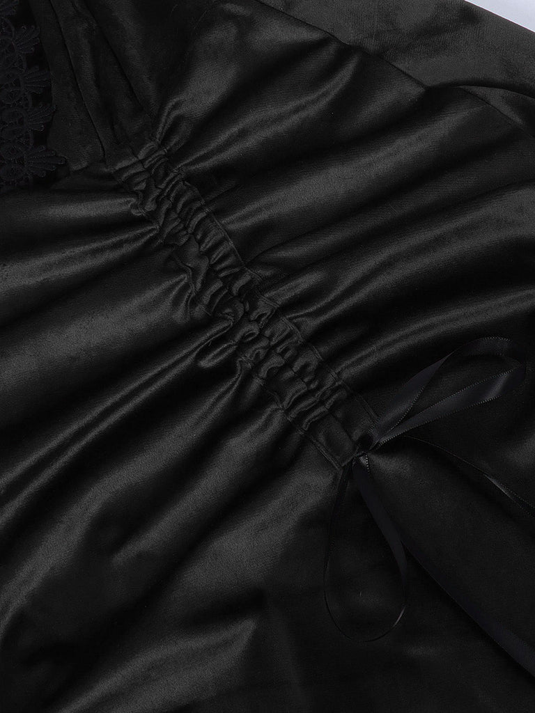 Abito Bordeaux Anni '50 di Halloween Gotico in Pizzo Drawstring Arricciato in Tulle 9
