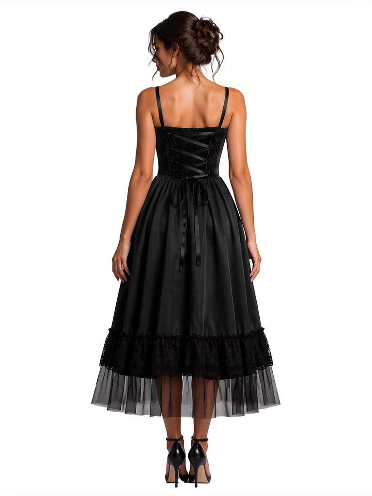 Abito Bordeaux Anni '50 di Halloween Gotico in Pizzo Drawstring Arricciato in Tulle 8