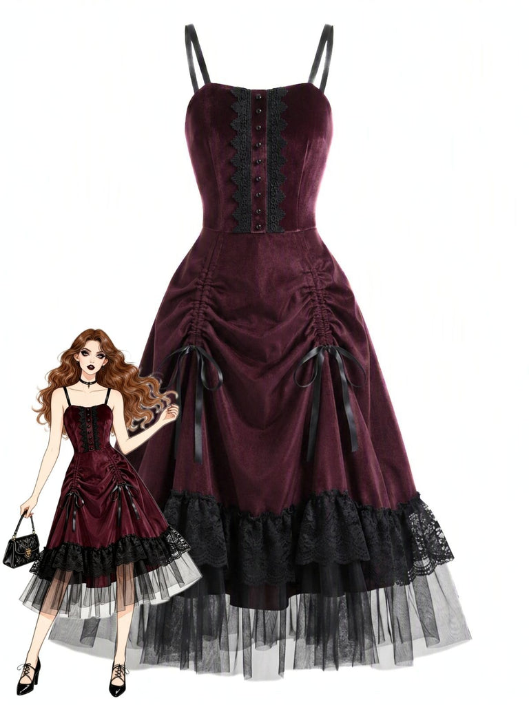 Abito Bordeaux Anni '50 di Halloween Gotico in Pizzo Drawstring Arricciato in Tulle