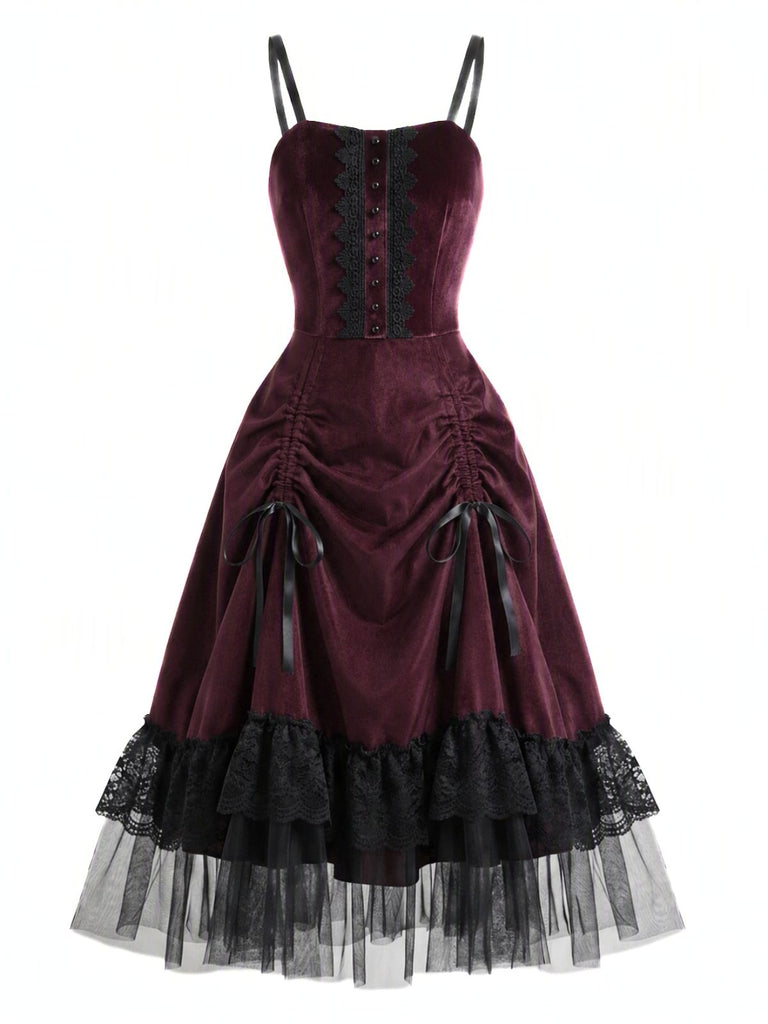 Abito Bordeaux Anni '50 di Halloween Gotico in Pizzo Drawstring Arricciato in Tulle 2