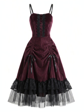 Abito Bordeaux Anni '50 di Halloween Gotico in Pizzo Drawstring Arricciato in Tulle 2
