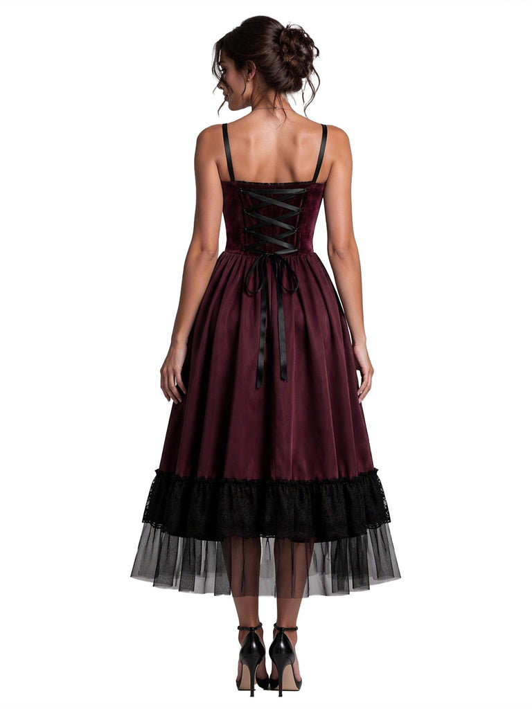Abito Bordeaux Anni '50 di Halloween Gotico in Pizzo Drawstring Arricciato in Tulle 3