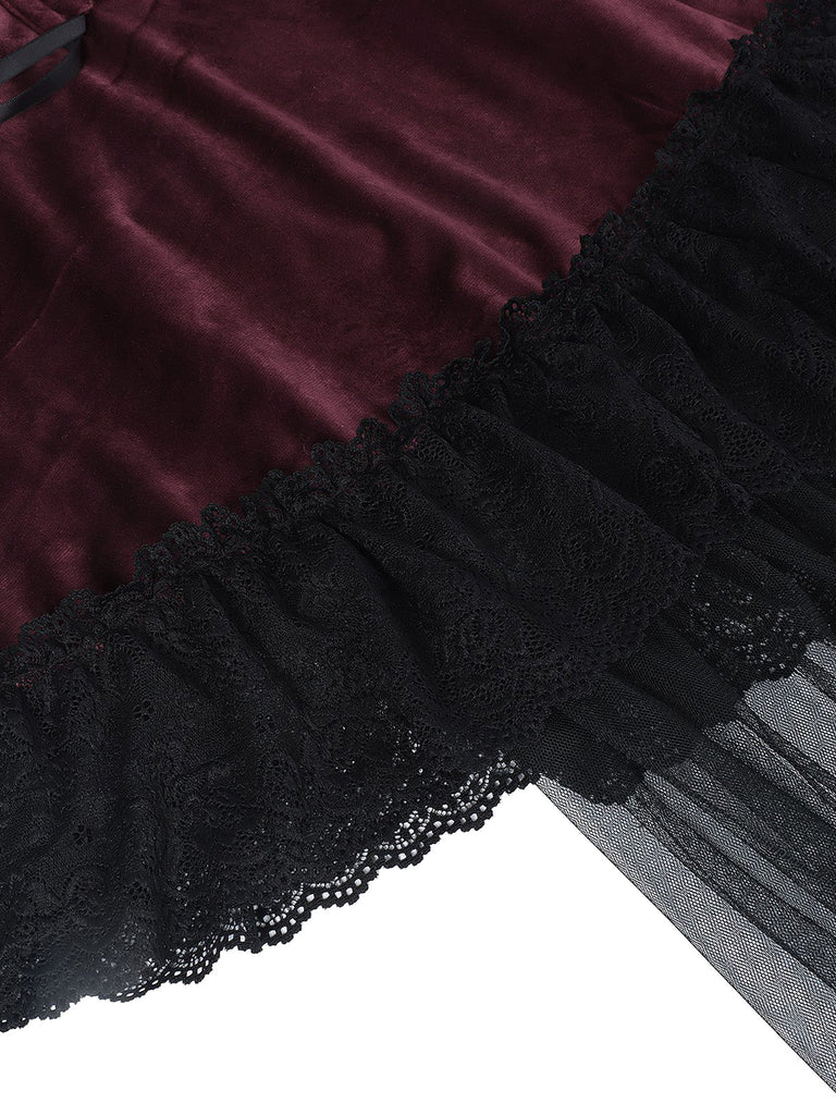 Abito Bordeaux Anni '50 di Halloween Gotico in Pizzo Drawstring Arricciato in Tulle 4