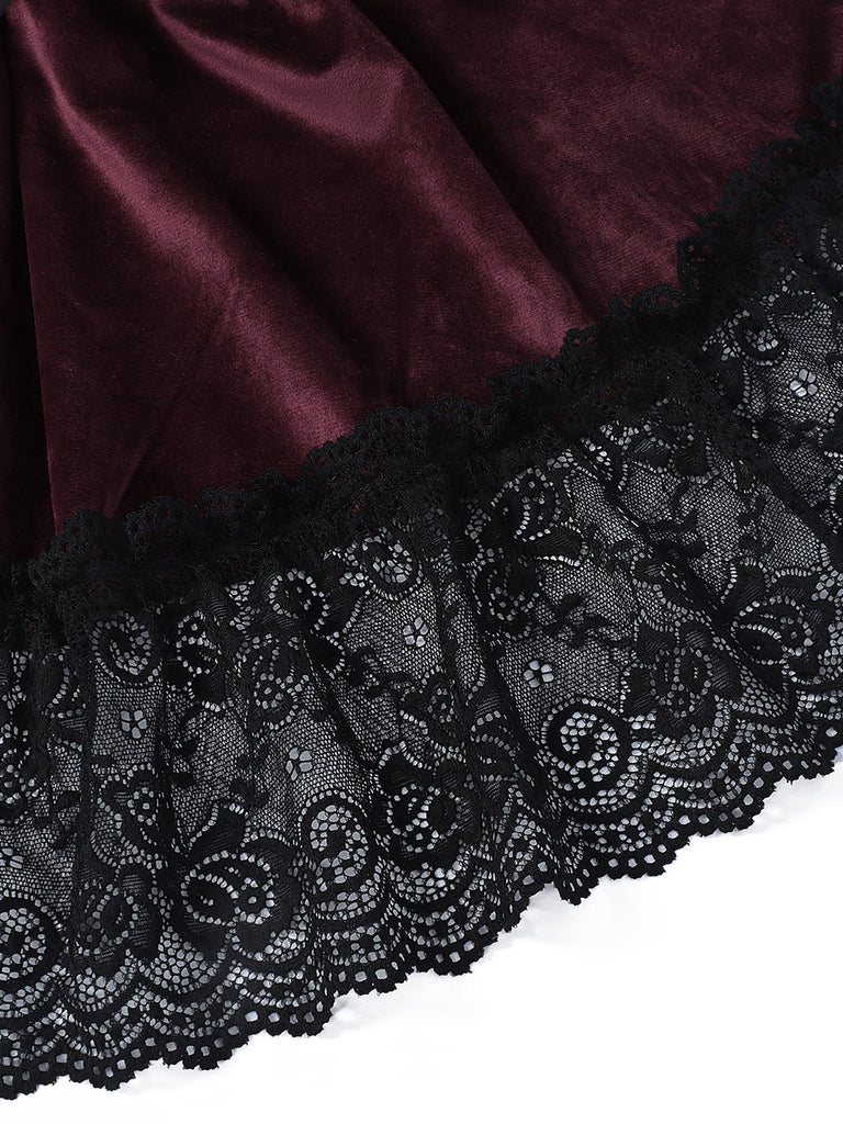 Abito Bordeaux Anni '50 di Halloween Gotico in Pizzo Drawstring Arricciato in Tulle 5