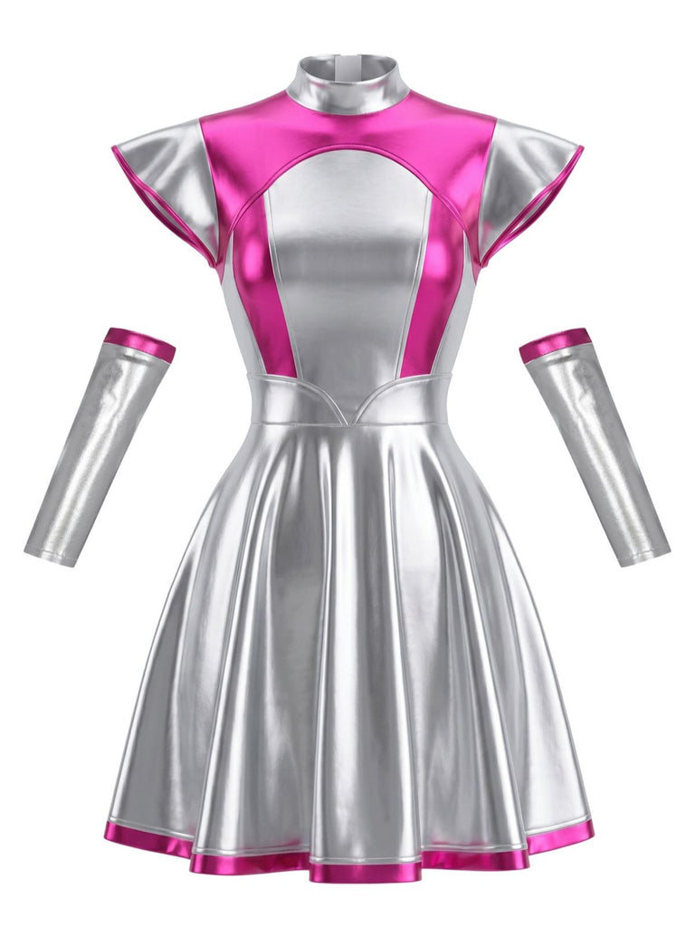 Abito Argento e Rosso Rosa Anni '70 Metallizzato Futuristico Space Plissettato
