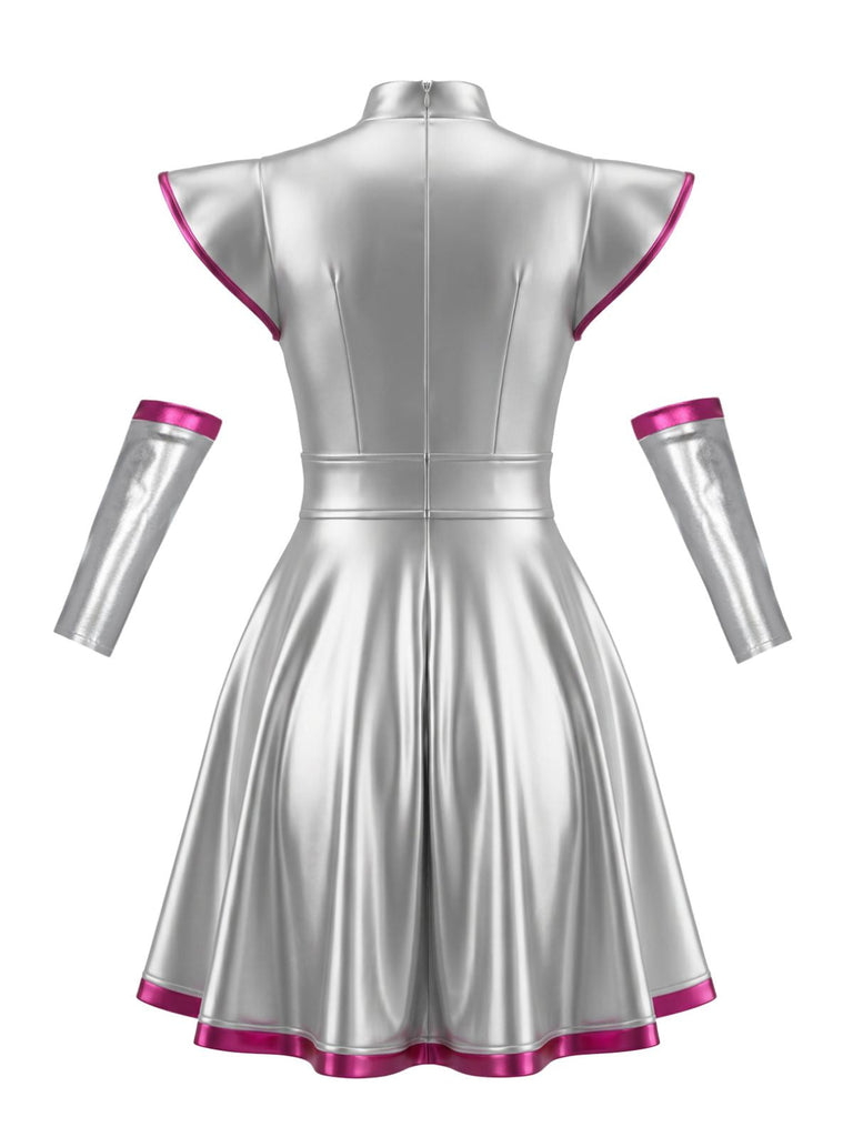 Abito Argento e Rosso Rosa Anni '70 Metallizzato Futuristico Space Plissettato 2