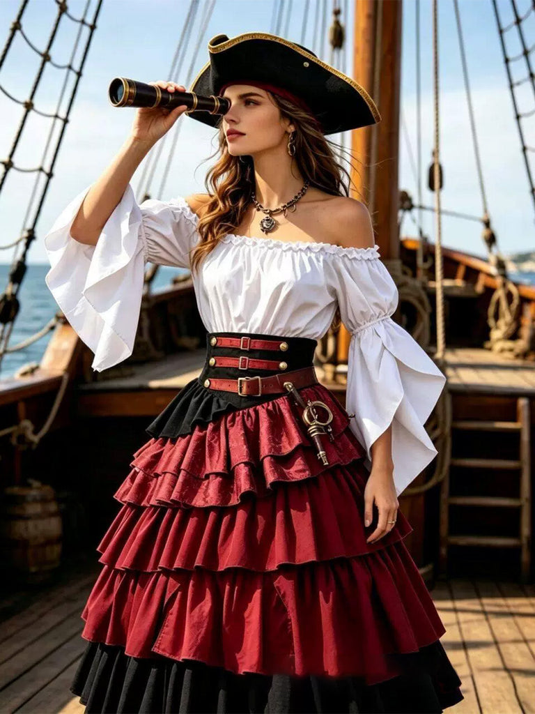 2PCS Gonna Bordeaux Anni '50 Off‑spalle Top e a Balze con Volant 3