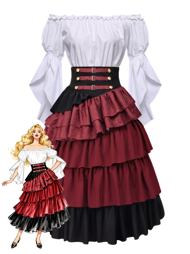2PCS Gonna Bordeaux Anni '50 Off‑spalle Top e a Balze con Volant