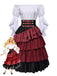 2PCS Gonna Bordeaux Anni '50 Off‑spalle Top e a Balze con Volant