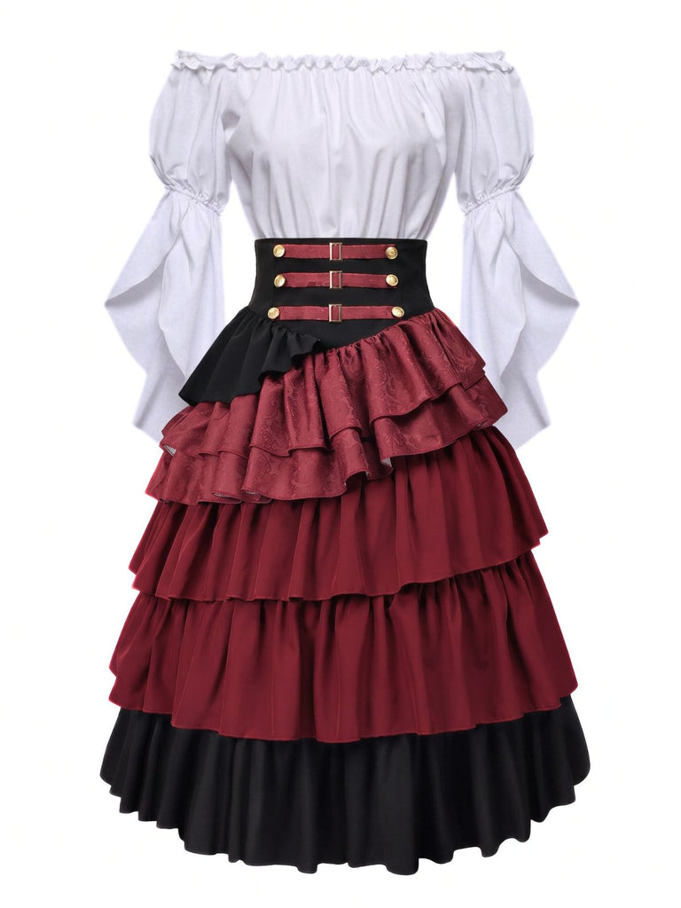 2PCS Gonna Bordeaux Anni '50 Off‑spalle Top e a Balze con Volant 2