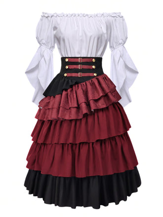 2PCS Gonna Bordeaux Anni '50 Off‑spalle Top e a Balze con Volant 2