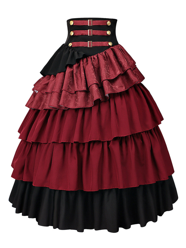 2PCS Gonna Bordeaux Anni '50 Off‑spalle Top e a Balze con Volant 8