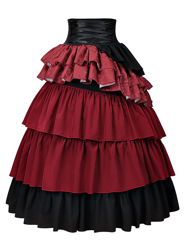 2PCS Gonna Bordeaux Anni '50 Off‑spalle Top e a Balze con Volant 9