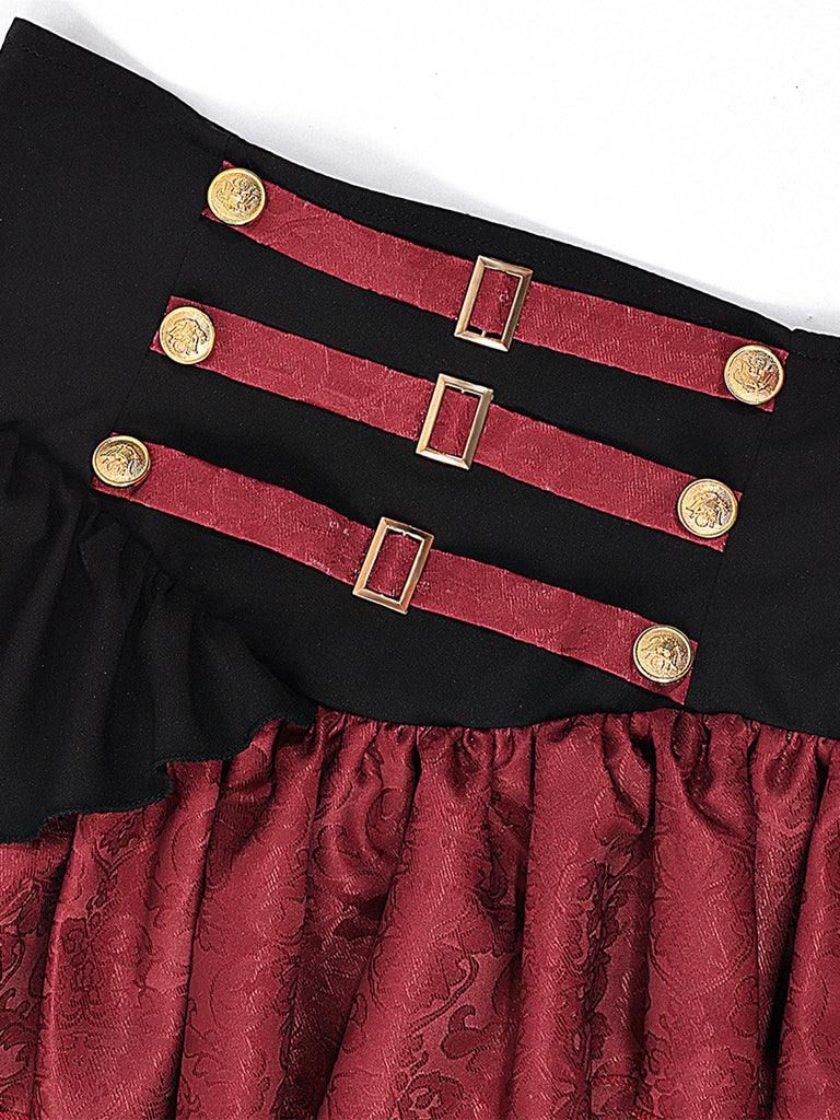 2PCS Gonna Bordeaux Anni '50 Off‑spalle Top e a Balze con Volant 11