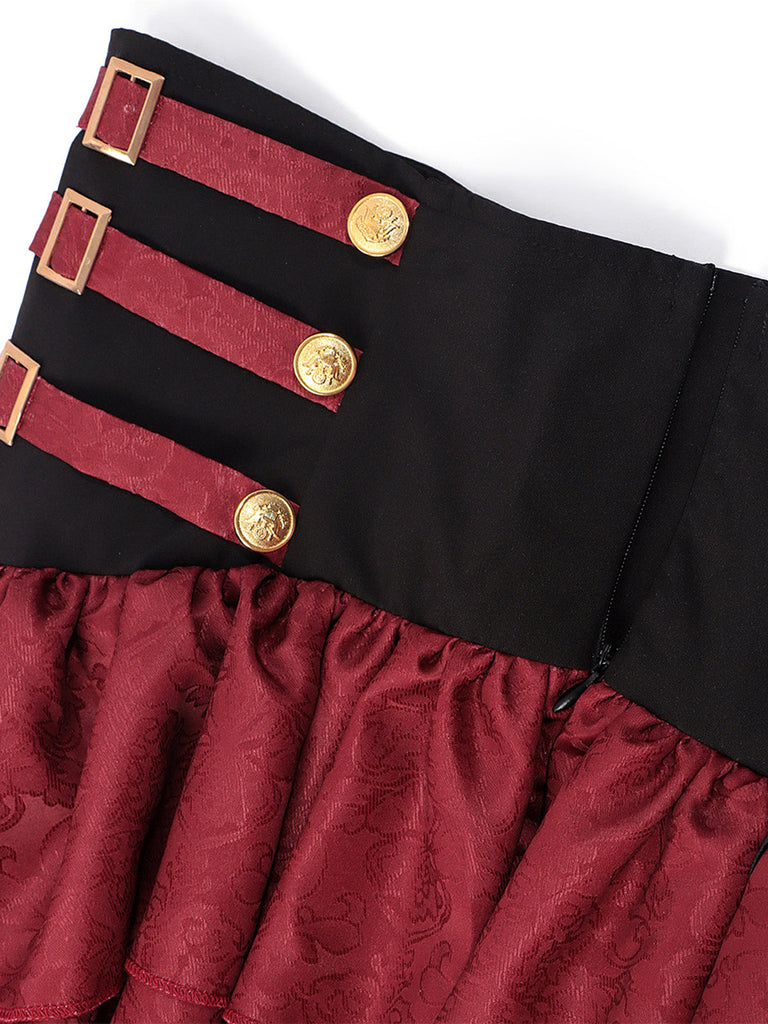 2PCS Gonna Bordeaux Anni '50 Off‑spalle Top e a Balze con Volant 12