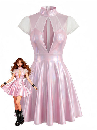Abito Pale Pink Anni '60 Scollo Profondo a V Metallizzato Laser Mash Patchwork