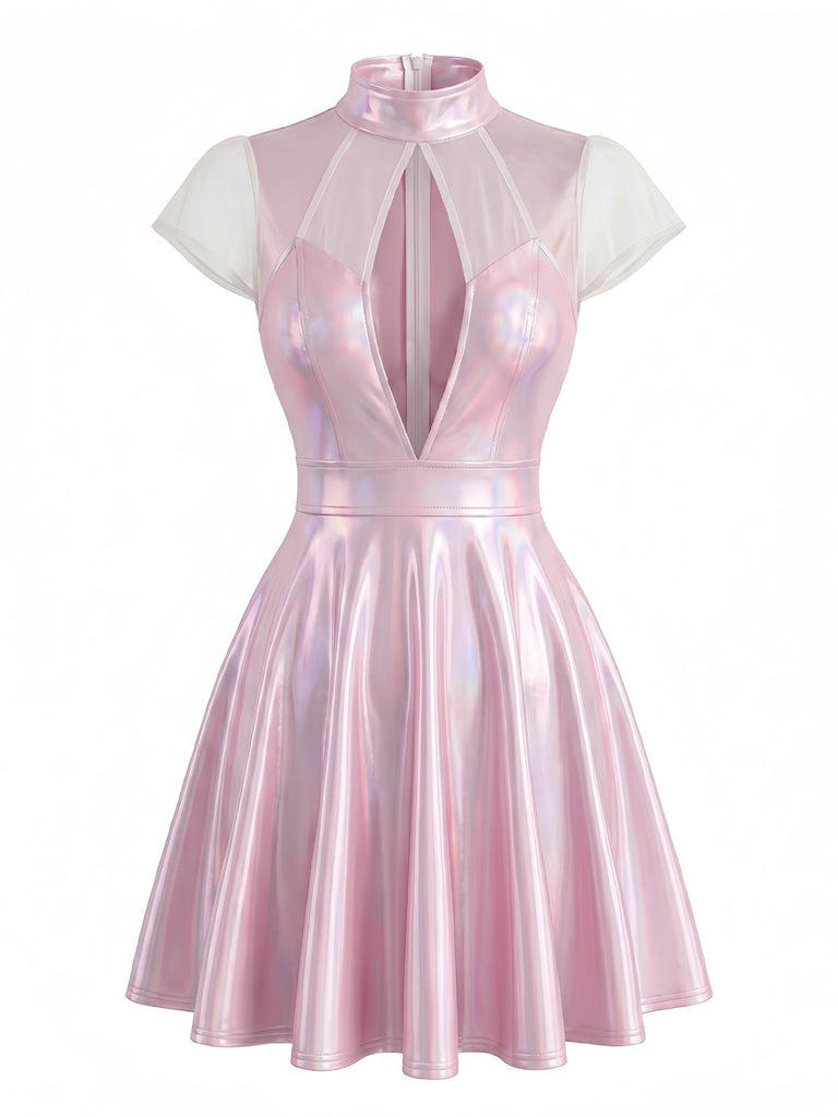 Abito Pale Pink Anni '60 Scollo Profondo a V Metallizzato Laser Mash Patchwork 2