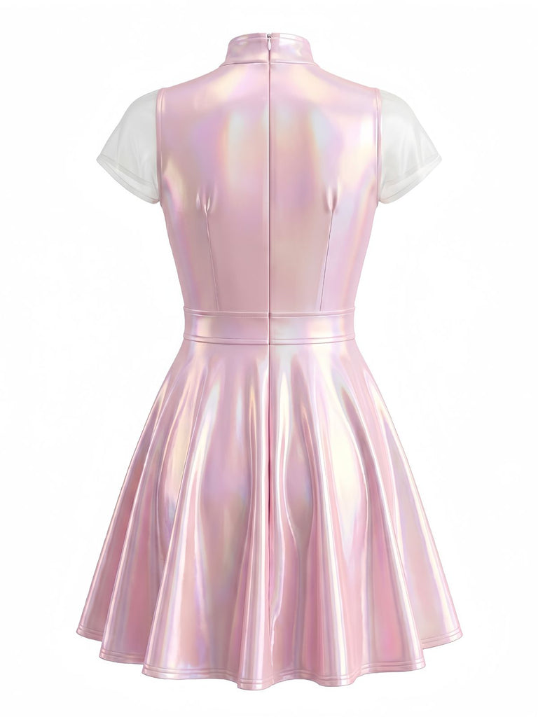 Abito Pale Pink Anni '60 Scollo Profondo a V Metallizzato Laser Mash Patchwork 3