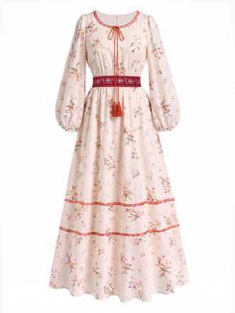 [Prevendita] Abito Lungo Beige Anni '70 Boho Floreale Ricamato Maniche a Lanterna 2