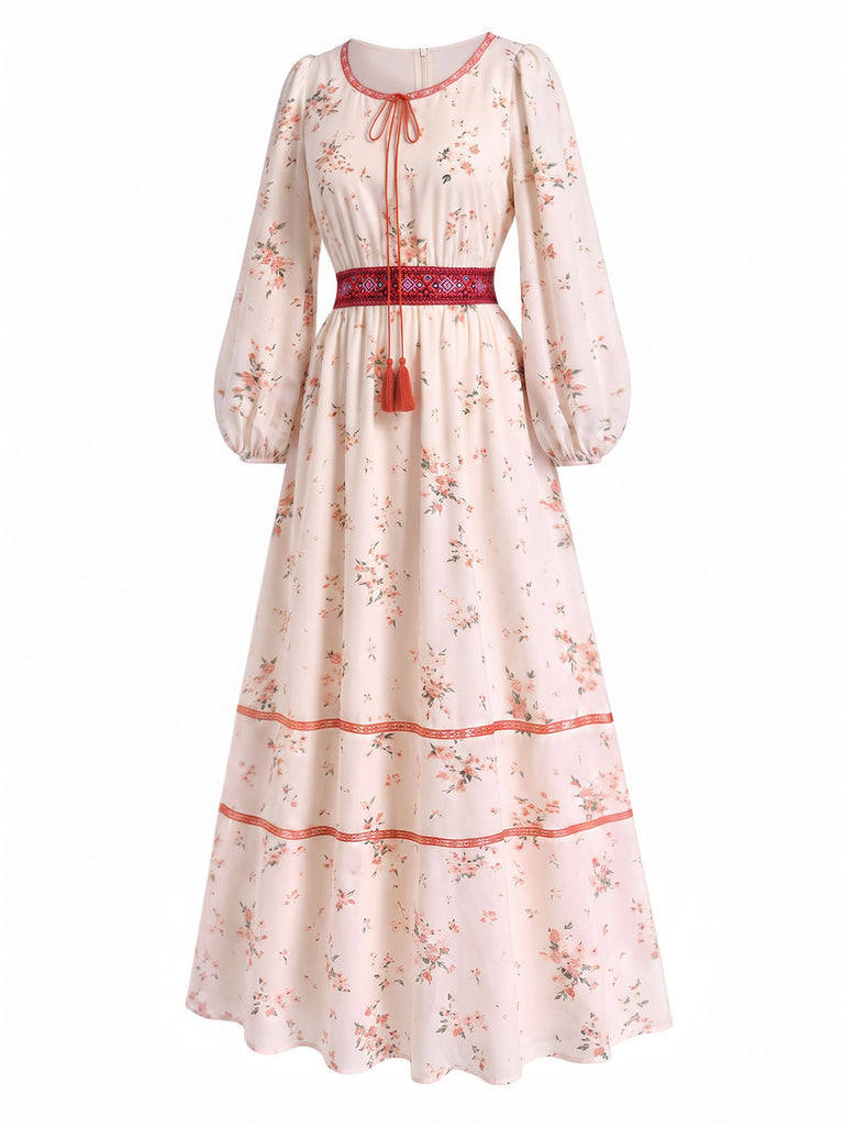 [Prevendita] Abito Lungo Beige Anni '70 Boho Floreale Ricamato Maniche a Lanterna 3