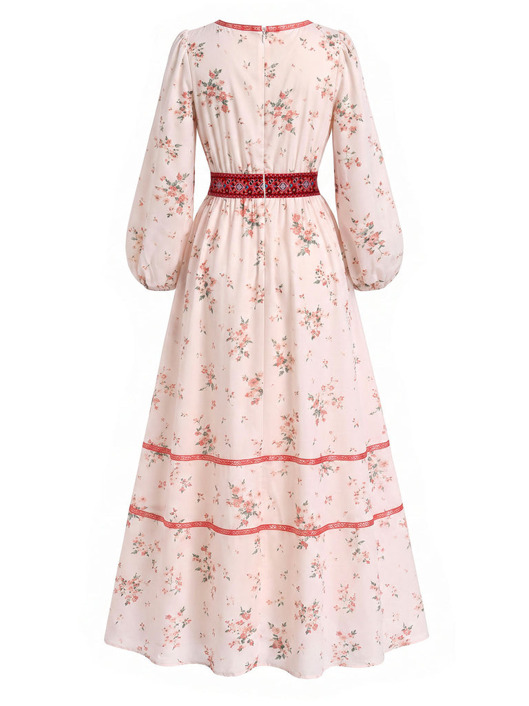 [Prevendita] Abito Lungo Beige Anni '70 Boho Floreale Ricamato Maniche a Lanterna 4
