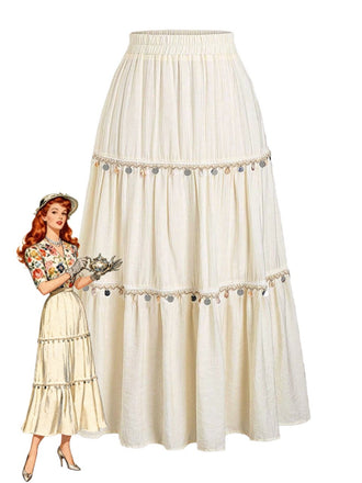 Gonna Beige Anni '70 Boho con Paillettes a Balze