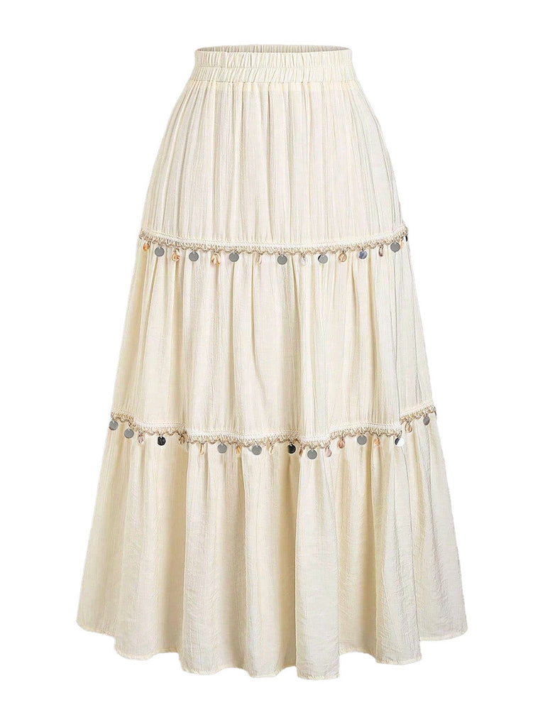 Gonna Beige Anni '70 Boho con Paillettes a Balze 2