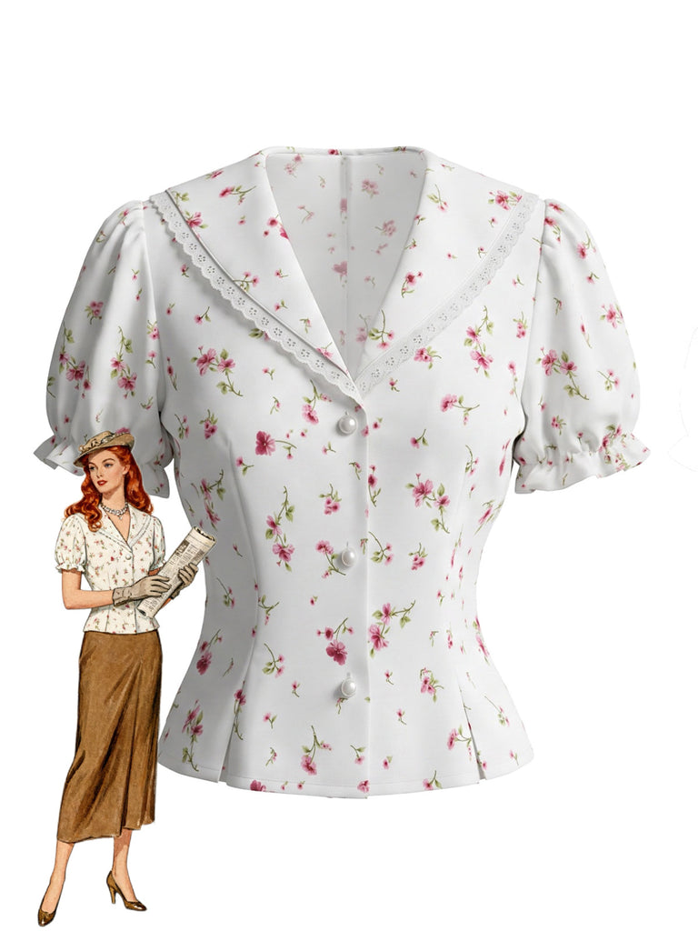 Camicetta Bianco Anni '40 Floreale in Pizzo con Revers con Perle con Bottoni Puff