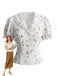 Camicetta Bianco Anni '40 Floreale in Pizzo con Revers con Perle con Bottoni Puff