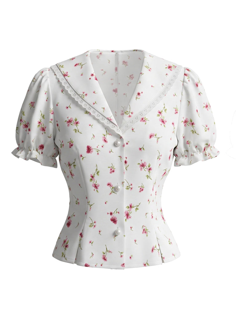 Camicetta Bianco Anni '40 Floreale in Pizzo con Revers con Perle con Bottoni Puff 2