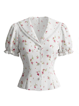 Camicetta Bianco Anni '40 Floreale in Pizzo con Revers con Perle con Bottoni Puff 2