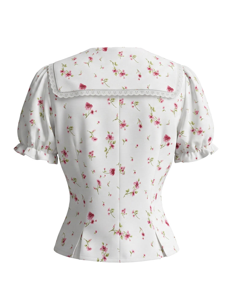 Camicetta Bianco Anni '40 Floreale in Pizzo con Revers con Perle con Bottoni Puff 3