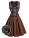 [Prevendita] 2PCS Completo Gonna Marrone Scuro Anni '50 a Quadri con Gilet Scollo a U Senza Maniche e Pieghe