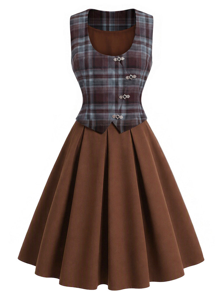[Prevendita] 3PCS Completo Gonna Marrone Scuro Anni '50 con Camicetta a Maniche Sbuffo Gilet a Quadri 8