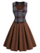 [Prevendita] 3PCS Completo Gonna Marrone Scuro Anni '50 con Camicetta a Maniche Sbuffo Gilet a Quadri 8