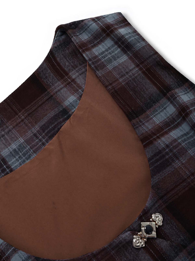 [Prevendita] 2PCS Completo Gonna Marrone Scuro Anni '50 a Quadri con Gilet Scollo a U Senza Maniche e Pieghe 5