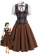 [Prevendita] 3PCS Completo Gonna Marrone Scuro Anni '50 con Camicetta a Maniche Sbuffo Gilet a Quadri