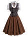 [Prevendita] 3PCS Completo Gonna Marrone Scuro Anni '50 con Camicetta a Maniche Sbuffo Gilet a Quadri 2