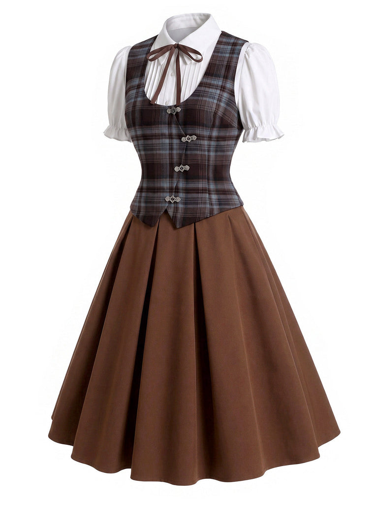 [Prevendita] 3PCS Completo Gonna Marrone Scuro Anni '50 con Camicetta a Maniche Sbuffo Gilet a Quadri 3