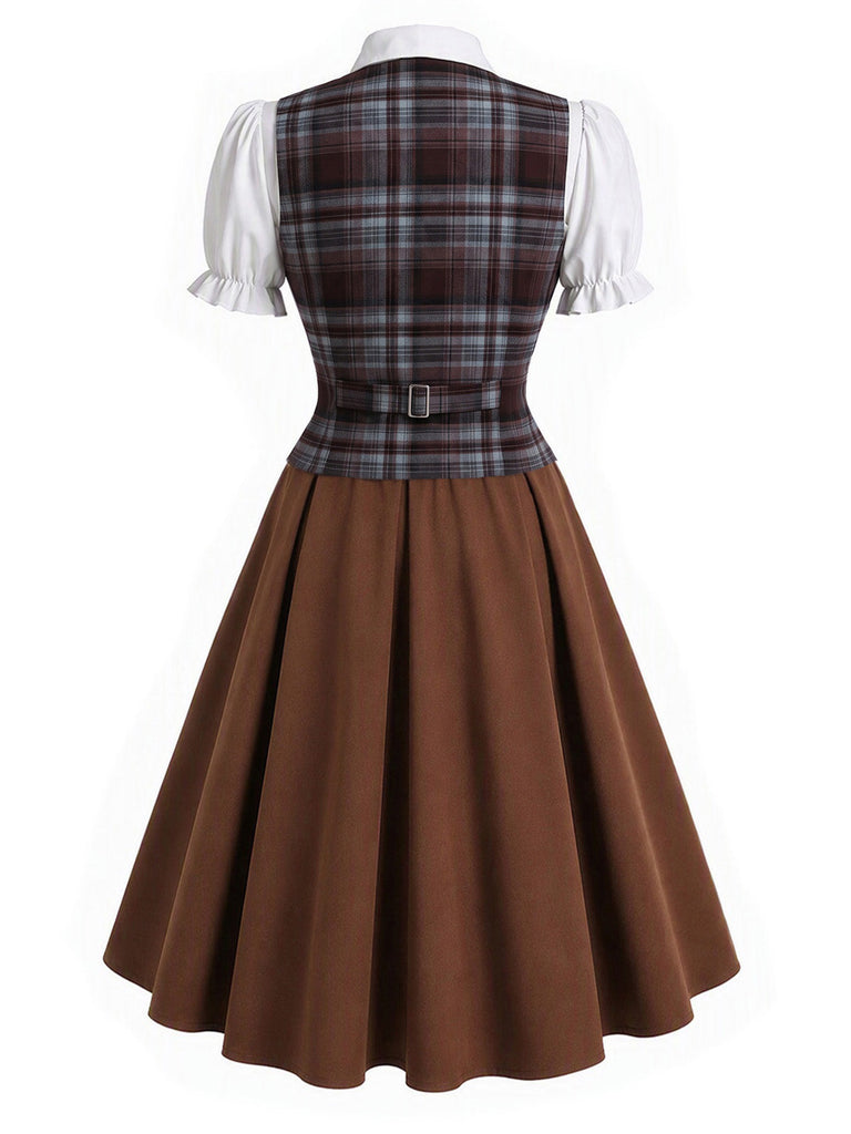 [Prevendita] 3PCS Completo Gonna Marrone Scuro Anni '50 con Camicetta a Maniche Sbuffo Gilet a Quadri 4