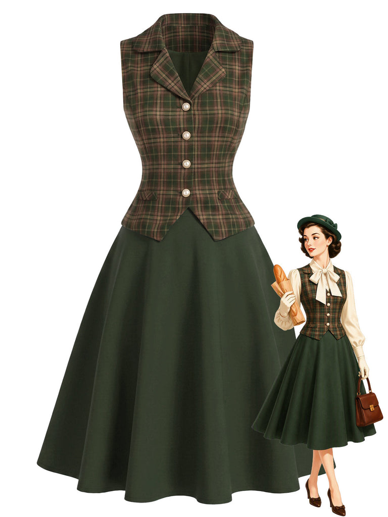 [Prevendita] 2PCS Completo Gonna Verde Scuro Anni '40 a Quadri con Gilet e Linea A